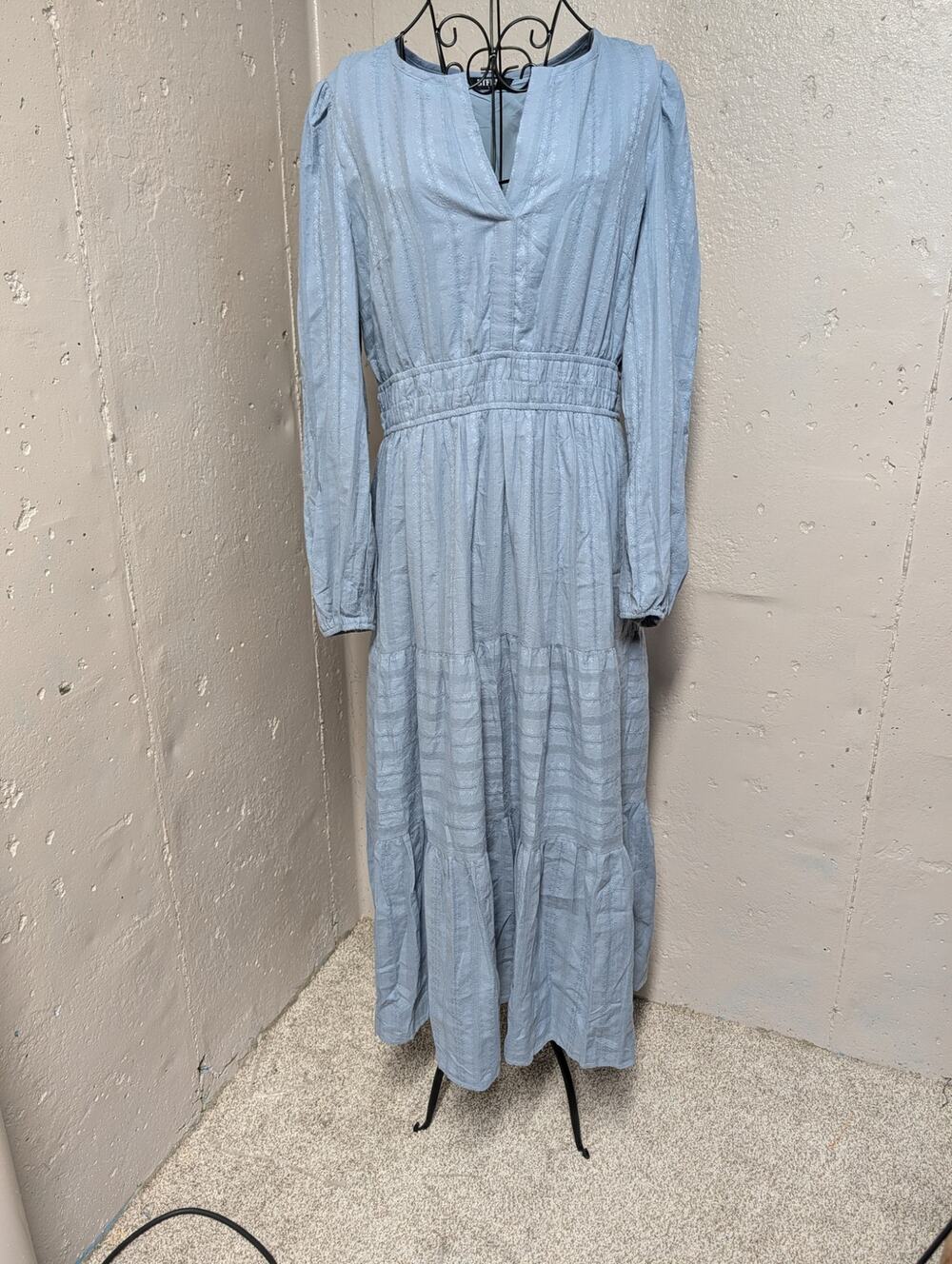 BTFBM Light Blue Cotton Prairie Maxi Dress Tiered Embroidered Cottagecore